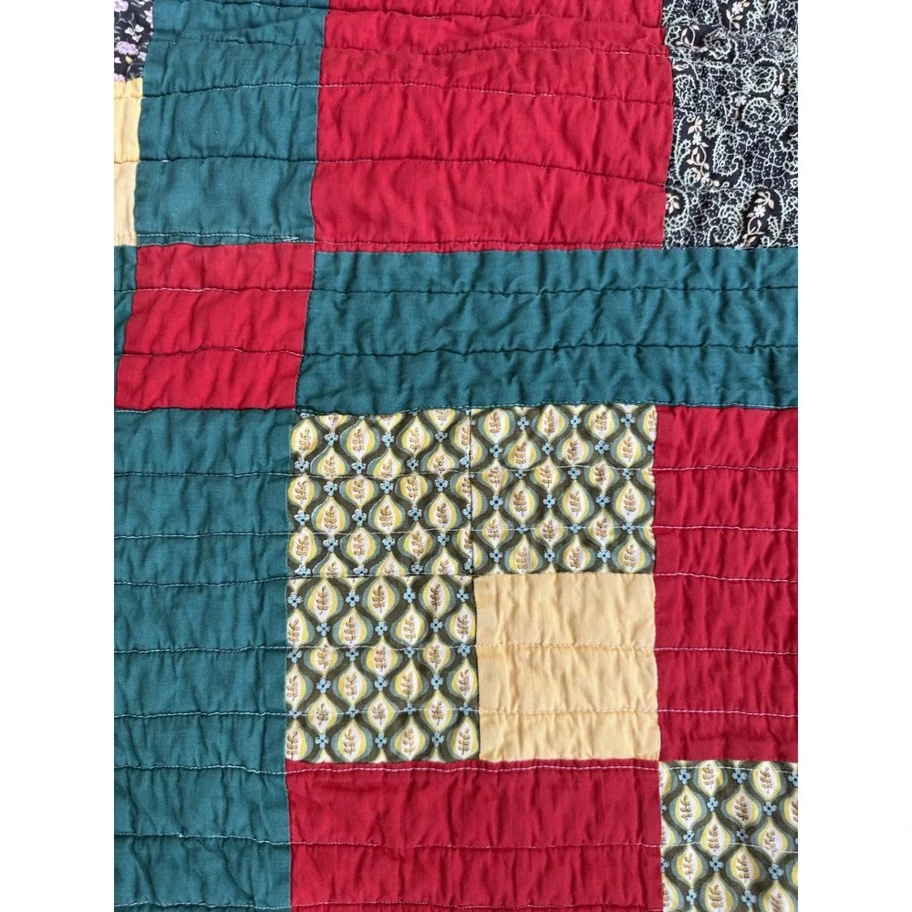 Vintage Handmade Patchwork Yellow Brick Road Pattern Quilt 77x68 Red Green